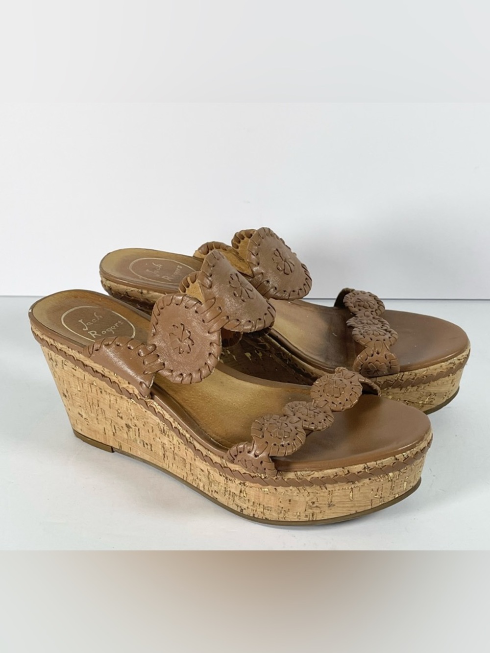 Jack Rogers Shelby Wedges 8.5 Brown Leather Cork Platform Sandals Boho Summer
